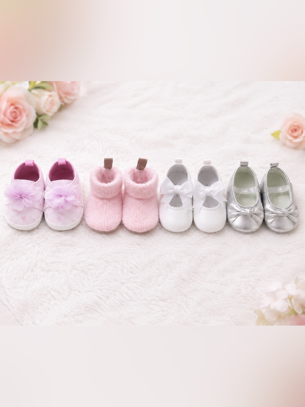4 Pair Newborn Baby Girl Shoe Bundle | Pink Floral Booties Mary Jane Shoes 0-3M